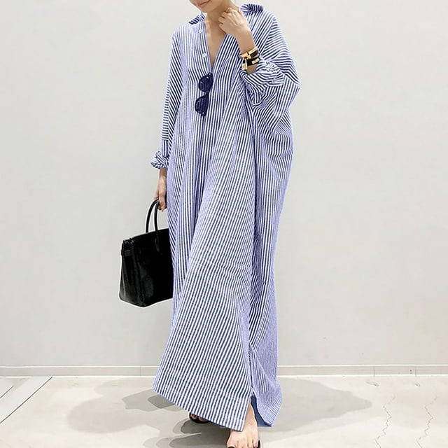 Jienlioq Robes pour Femmes Liquidation Mode Féminine Coton Rayé Col Rabattu Cardigan Irrégulier Robe Flash Picks