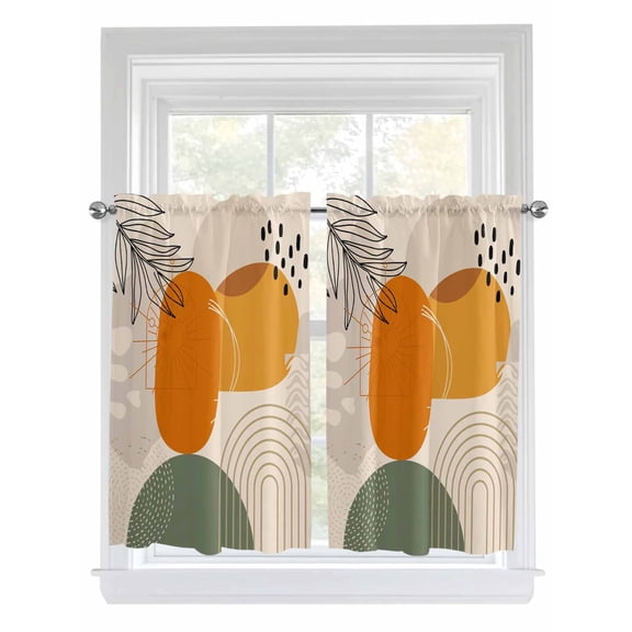 Boho Geometric 2 Panel Kitchen Curtains for Windows, Middle Century Abstract Leaves Stripes Bathroom Privacy Curtain, Home Décor Window Treatment for Bedroom/Living Room 55"x45"