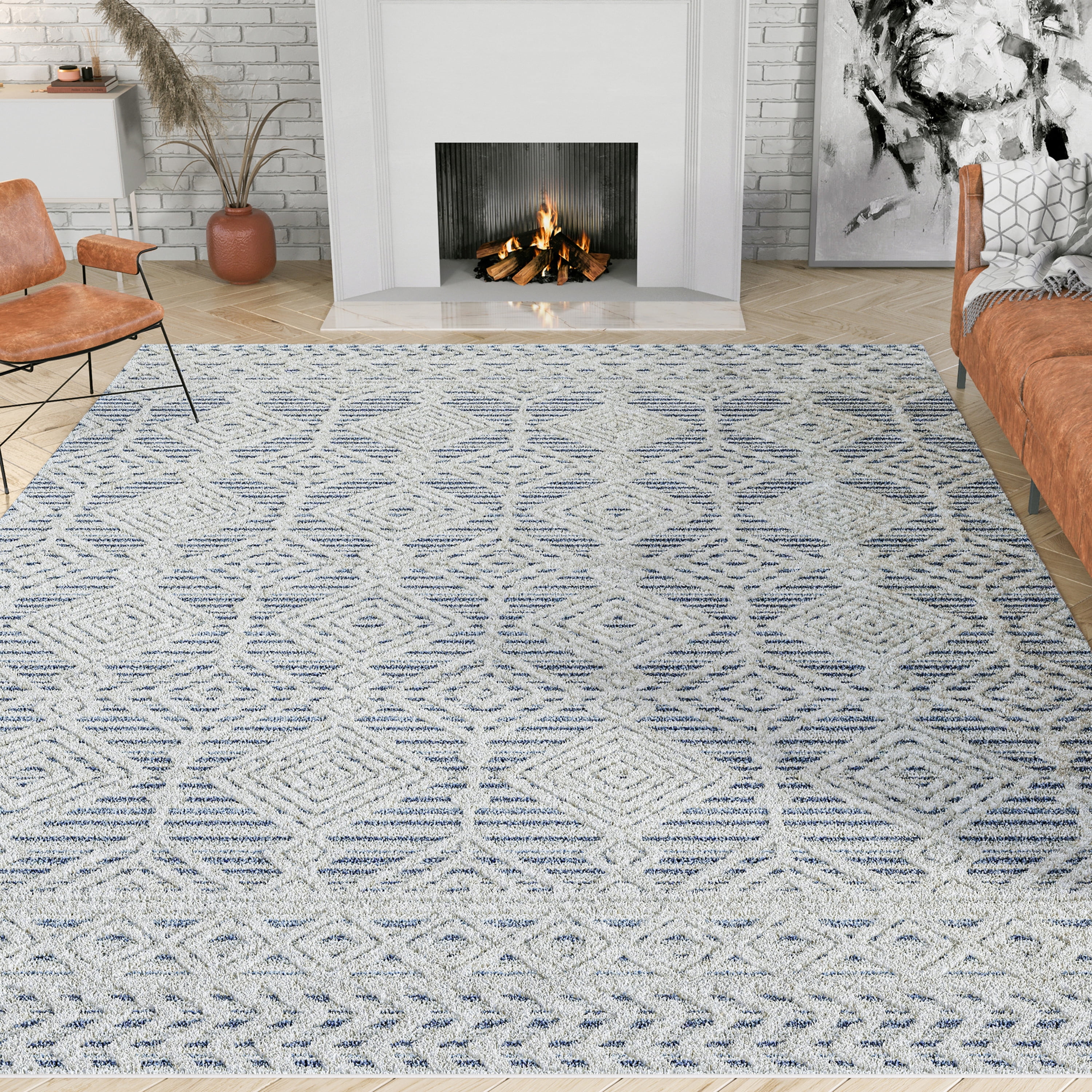 Transitional 5x8 Area Rug (5'3'' x 7'3'') Moroccan Blue, Cream Living Room Easy to Clean