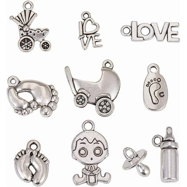 Colgantes de aleación de estilo tibetano mixto de 200 g para regalos de nacimiento y bautizo, en plata, 15-24 x 7,5-14 x 2-10 mm, agujero: 2 mm.