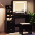 thumbnail image 3 of Gaderth Vanity Desk With Sliding LED Mirror And Power Outlet, Makeup Dressing Table With 4 Drawers, Storage Shelves And Stool, 3 Color Lighting Modes, Bedroom Vanity Set With USB Ports, 3 of 8