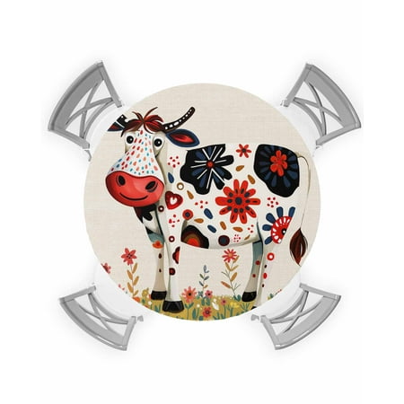 

Round Tablecloth with Elastic Flowers Cow Cartoon Floral and Plaid Border Rustic Linen Waterproof Stain-proof Table Cover Wipeable Fitted Table Cloths for 36 -44 Round Tables Dining Kitchen