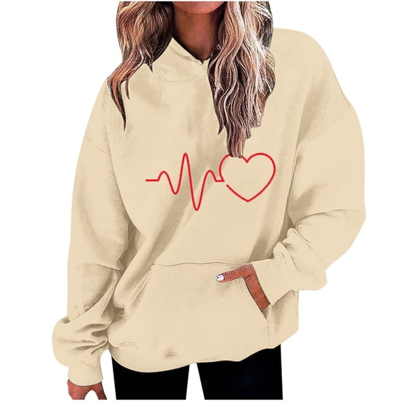 Enjoytime Sweatshirts for Women Trendy Hoodies Heart Printed Pullover Sweatshirts with Pockets Long Sleeved Loose Oversized Women's Tops