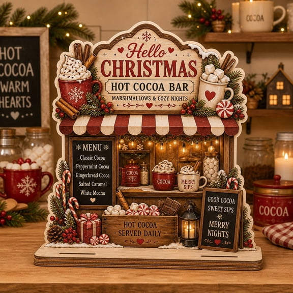 Wooden Block Christmas Cocoa Bar Wood Tabletop Display for Holiday Coffee Station