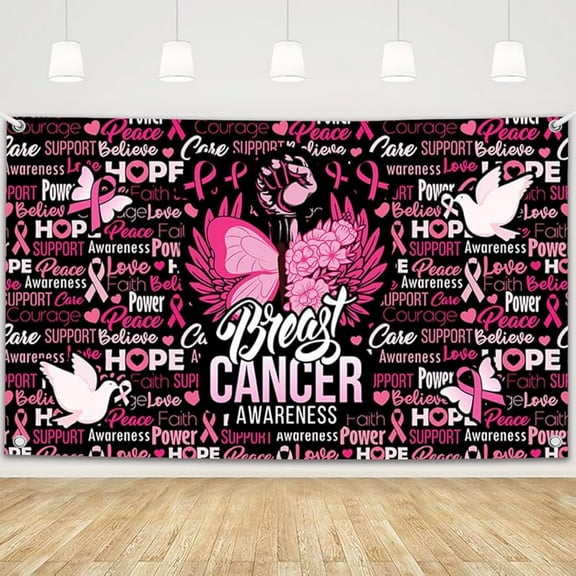 Breast Cancer Awareness Black Pink Backdrop Pink Ribbon Party Banner Love Hope Faith Strength Home Office Party October Breast Cancer Month Decorations 5.9x3.9ft