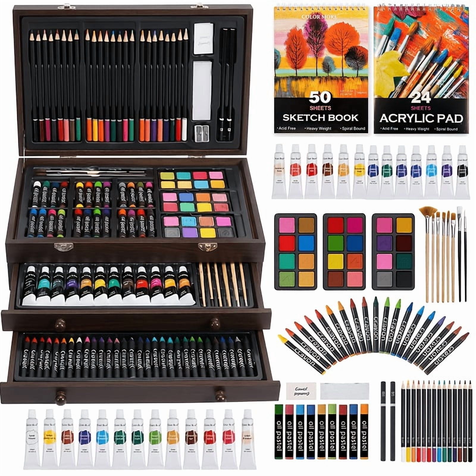 Art Set with Wooden Case, 173-Piece Drawing and Painting Kit for Kids, School, Travel