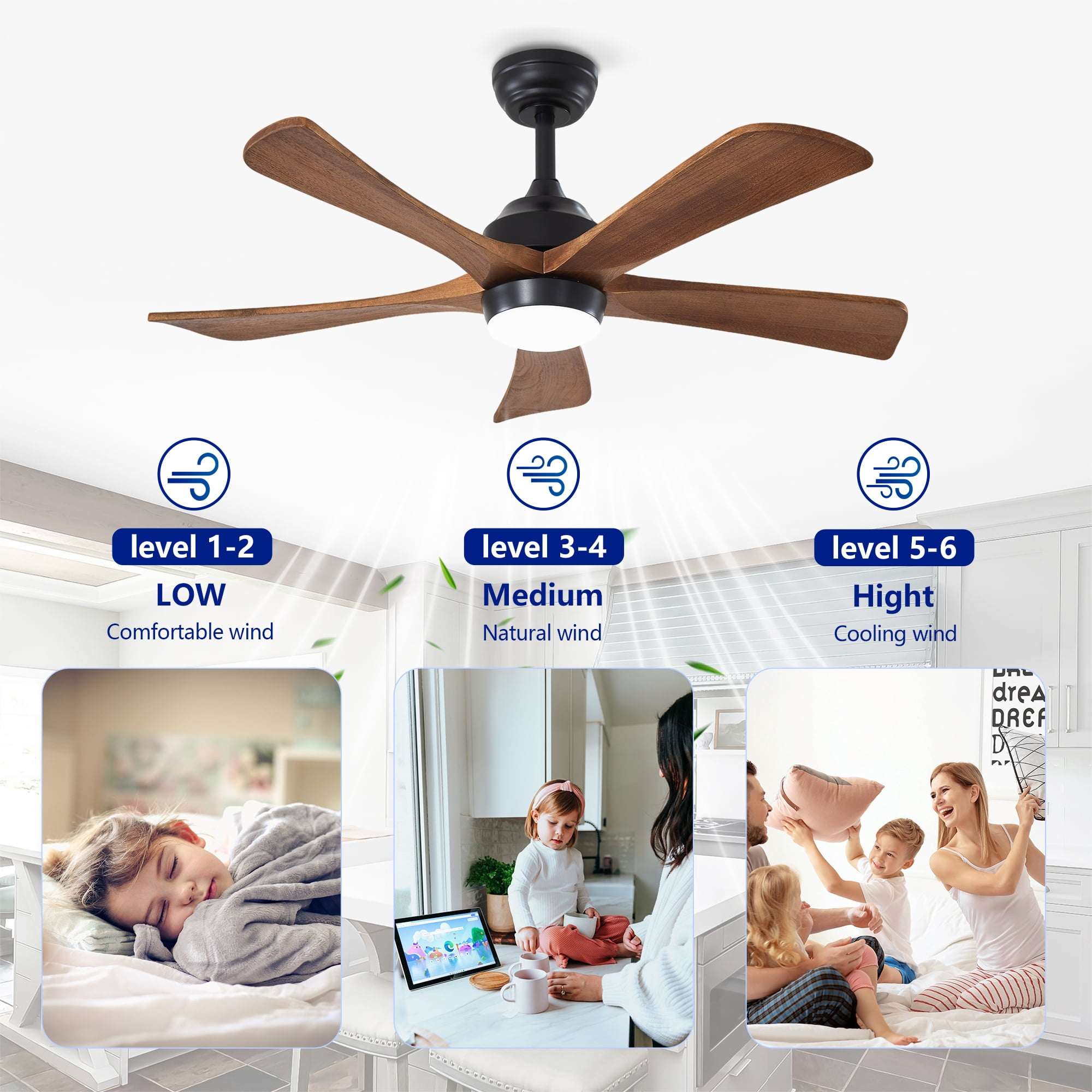 Leumius 42" Solid Wood Blades Ceiling Fan with Light and Remote Control,Quiet DC Motor 5 Blade Ceiling Fans 6 Speed Levels,Reversible for Patio Living Room Bedroom Office Black