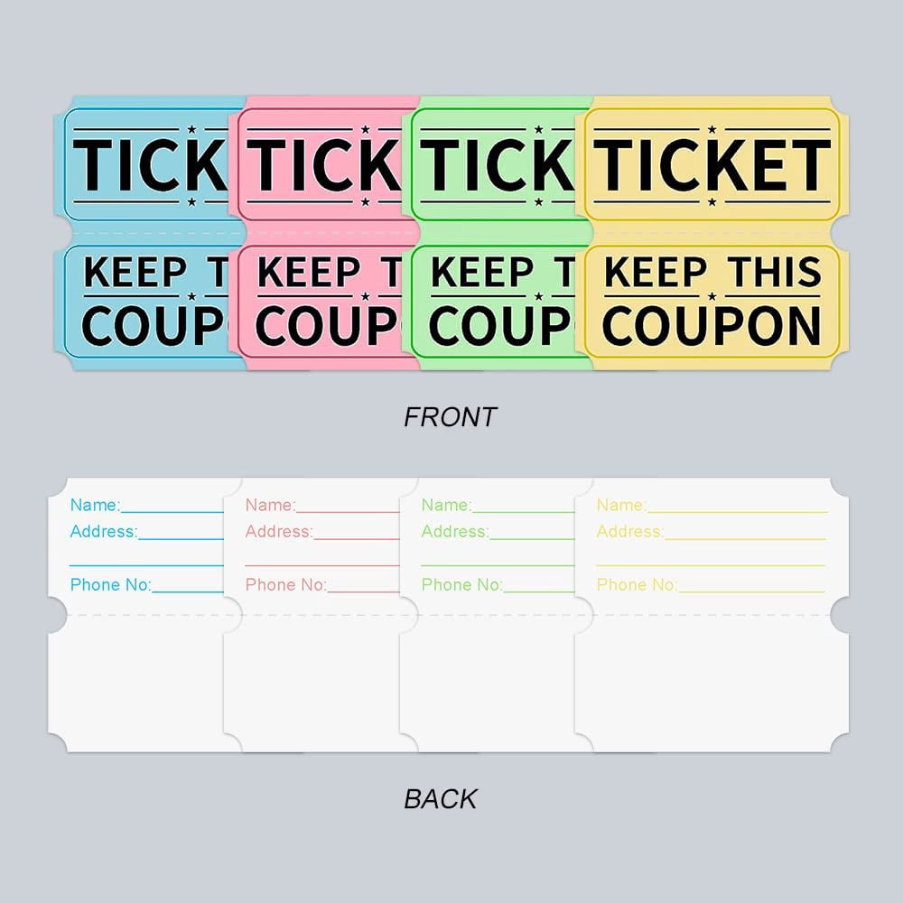 8000 Assorted Raffle Ticket Rolls, Double Raffle Tickets Set of 4 Colors Printable for Raffle, Events, Classroom, Entry, Class Reward & Door Prize