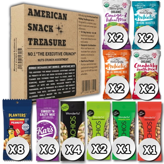 American Snacks Treasure Series No. 1 "THE EXECUTIVE CRUNCH" | Healthy Snacks Variety Pack: 30  Assorted Nuts Individual Packs Bulk – Cashew, Pistachios, Mixed Nuts, Low Calorie Snacks