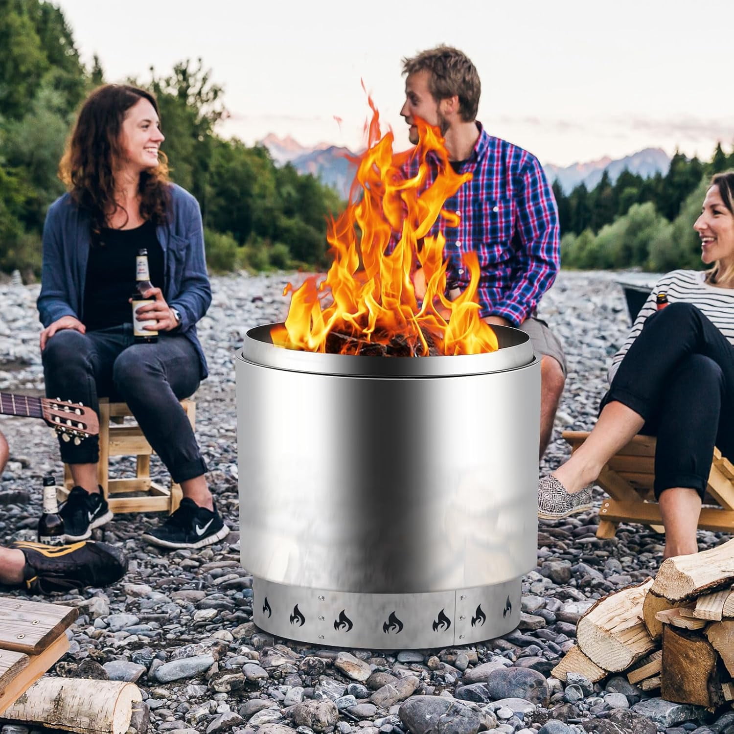 Luku 23.3" Round Fire Ring - Heavy-Duty 2.5mm Thick Steel Fire Pit Ring with High-Temperature Paint for Patio and Backyard