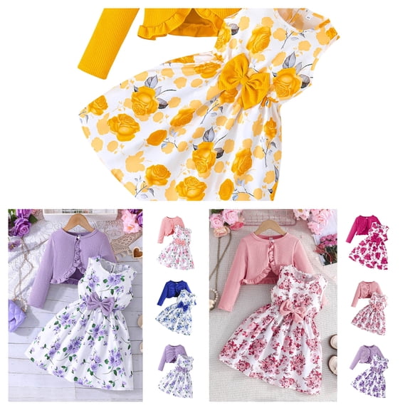 Afuyipoi Toddler-Knit Twinset 2-10Y,Long Sleeve Casual Printed Cardi Cami Dress Yellow 8-9