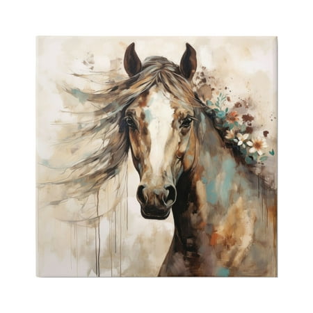 Stupell Industries Brown Horse with Florals Animals & Insects Painting Gallery Wrapped Canvas Art Print Wall Art, 17 x 17