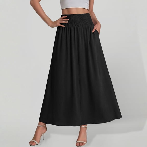 Binmer Women's High Waist Solid A Line Flowy Maxi Skirt with Pockets,Casual Summer Long Swing Skirt Black,Women's Plus L