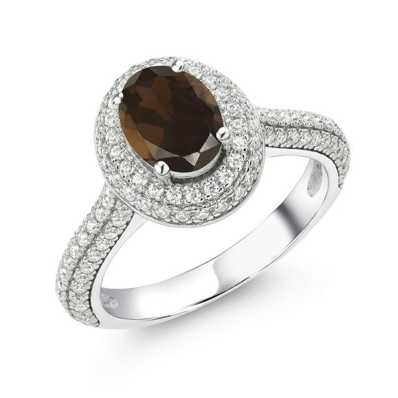 Gem Stone King 925 Sterling Silver Ring Oval Smoky Quartz Moissanite (1.84 Cttw)