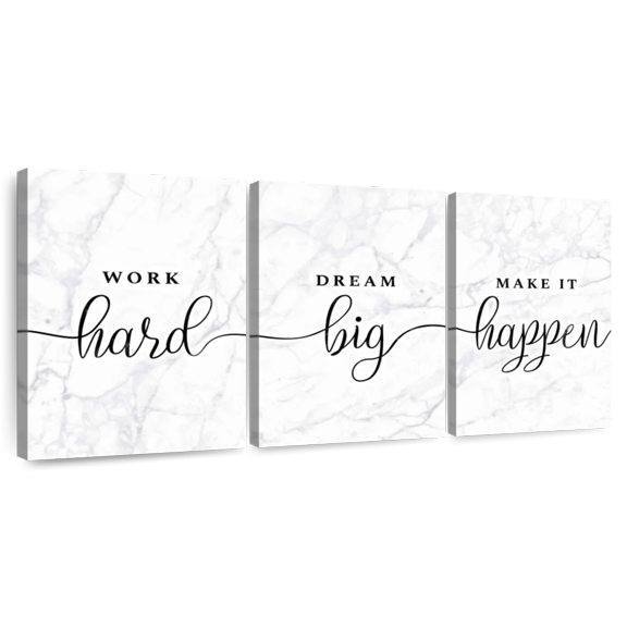 Elephant Stock Work Hard And Make It Happen Typography Wall Art - Horizontal Multi Panel Canvas - Living Room Wall Decor - Inspirational And Typography Multi Panel - White And Gray Decor - 26" x 12"