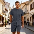 thumbnail image 2 of LTTVQM Men Comfort Solid Color Cotton Linen Stand Collar Top Relax Fit Drawcord Waist Short Pants Summer Casual Home Outfit Set Dark Gray L, 2 of 6