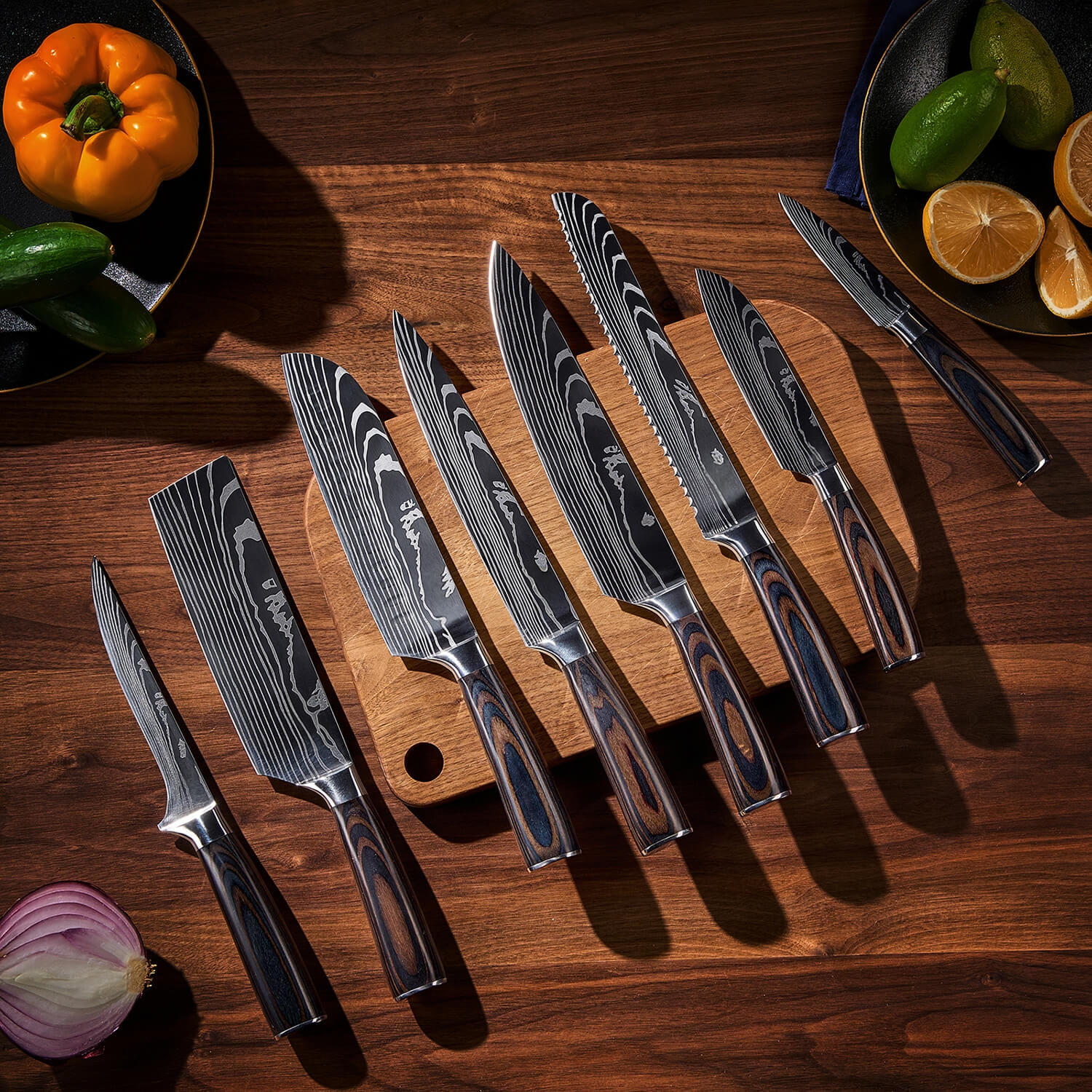 8-piece Premium Japanese Kitchen Knife Set with Laser Damascus Pattern - Imperial Collection - Chef's Knife, Paring Knife, Bread Knife & More