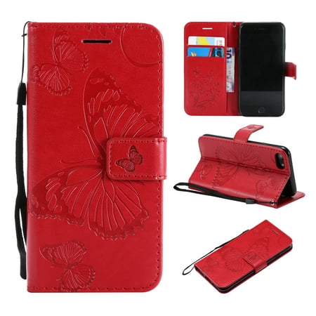 iPhone SE Case 2022/2020, iPhone 7/ 8 Wallet case, Allytech Pretty Retro Embossed Butterfly Flower Design PU Leather Book Style Wallet Flip Case Cover for Apple iPhone SE 2022/2020 - Red