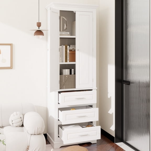 Tall Storage Cabinet with Three Drawers for Bathroom/Office, White