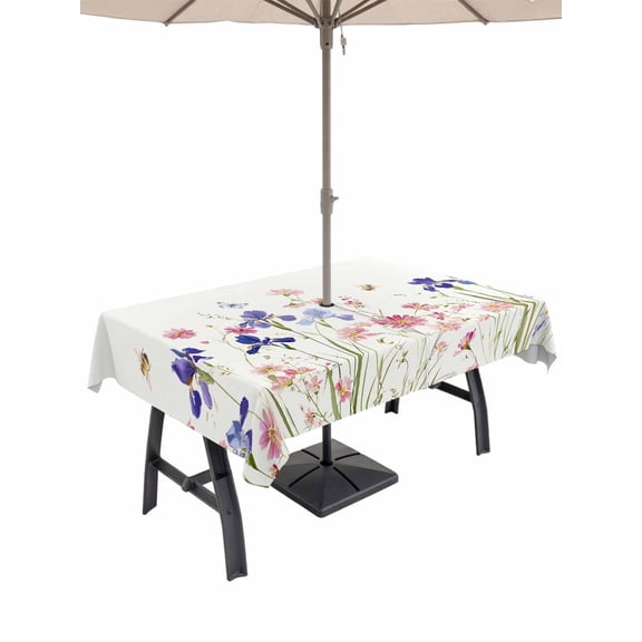 Outdoor Tablecloth with Umbrella Hole and Zipper, Spring Floral Rectangle Table Cloth 52x70 Inch Waterproof Tablecloth, Watercolor Summer Botanical Flowers Picnic Table Cover for Patio Camping