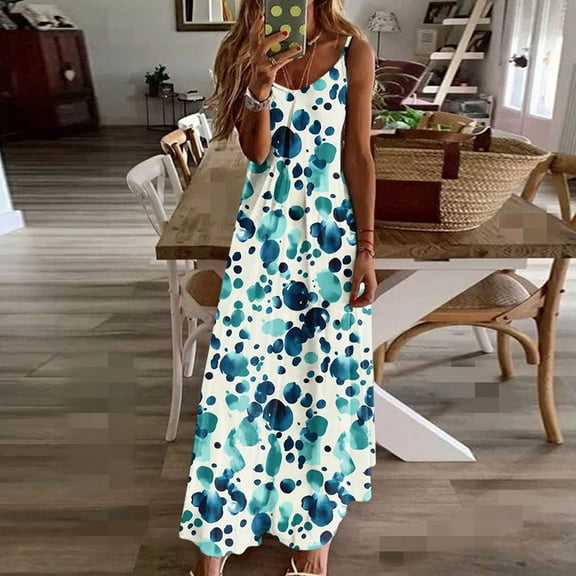 Summer Dresses for Women Spaghetti Strap V Neck Floral Boho Dress Loose Maxi Dress Slip for Beach Holiday Casual Sundress
