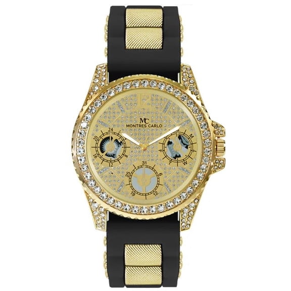48mm Montres Carlo Men's Fashion Stones Sport Silicone Band Dress Wrist Watch (Gold/Black)