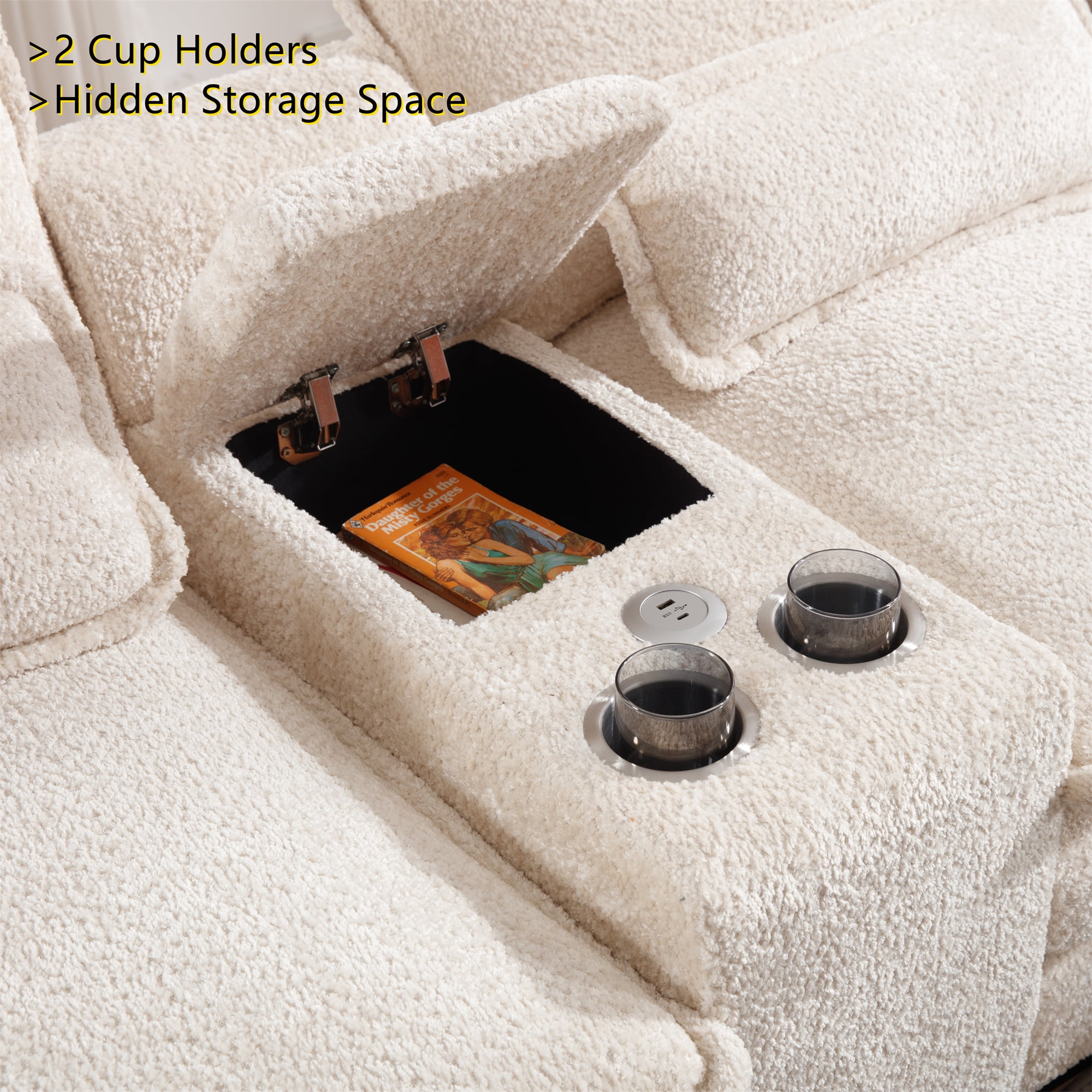 Aukfa 123" Oversized Sectional Sofa U-shaped Couch w/ Cupholder Console & USB Port for Living Room, Chenille, Beige