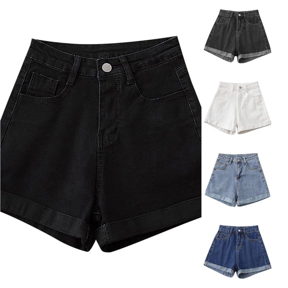 XIAONU Solid Denim Shorts for Women Hem Side Pockets Shorts
