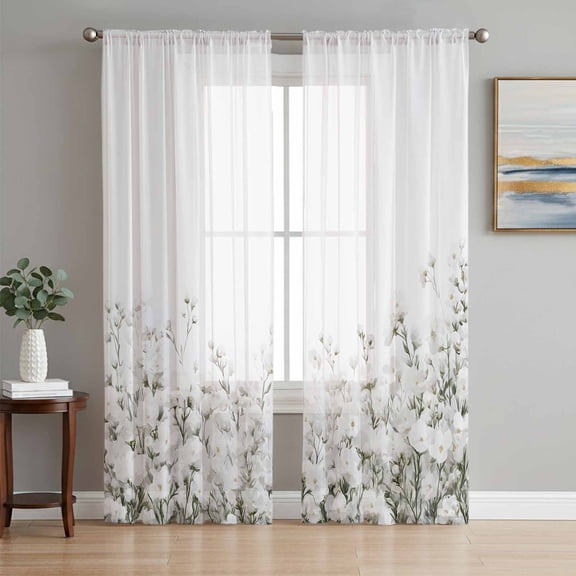 White Floral Sheer Curtains 84 Inch Length 2 Panels Set, Vintage Botanicals Blossom Motif Spring Voile Window Treatment Rod Pocket Curtains Sheers Drapes for Bedroom/Living Room/Kitchen 52"x84"x2