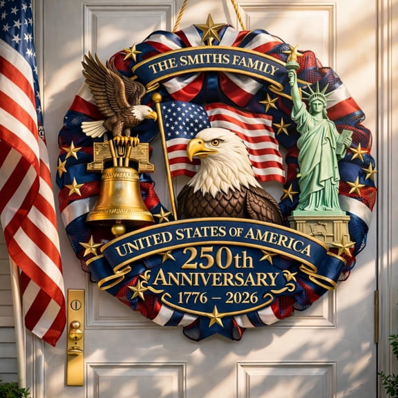250th Anniversary 4th of July Door Sign, Patriotic Decorations Wooden Door Wreath for USA 250 Year Celebration, Outdoor Decor with 1776-2026 Design