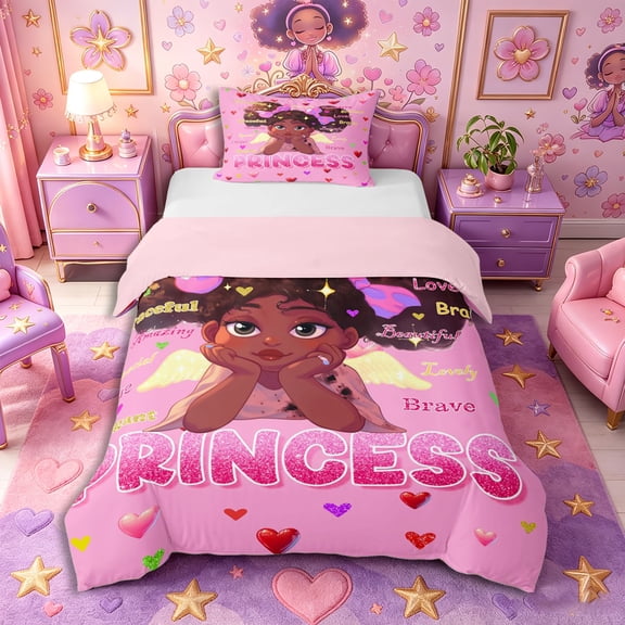 Castle Fairy Black Kawaii Princess Twin Duvet Cover,Angel Heart Print Twin Bedding,Pink,Pink Reversible,1 Duvet Cover and 1 Pillowcase