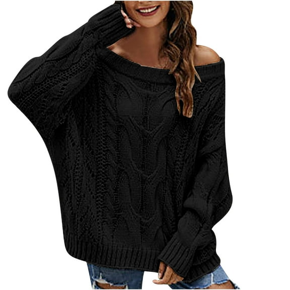 Odbmxy Women's Sweater Pullover Long Sleeve Winter Sweaters for Women Off Shoulder Black Loose Knitted Solid Sweaters