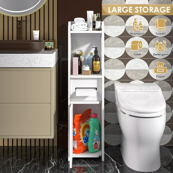 VECELO Bathroom Corner Cabinet, Small Floor Storage Cabinet with Tissue Holder, Multifunctional Narrow Storage Rack Organizer for Home Bathroom Living Room, White