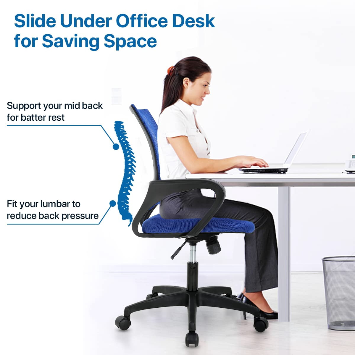 NiamVelo Mesh Office Chair, Mid-Back Home Office Chair Adjustable Ergonomic Desk Chair with Armrest, Rolling Swivel Chair for Adults, Blue