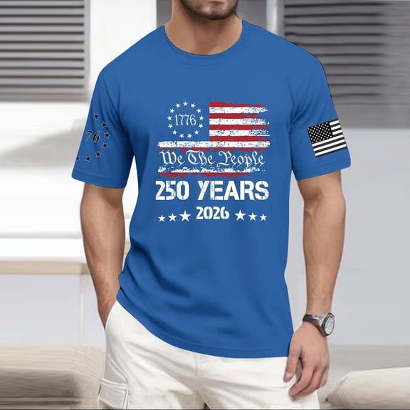 America 250 Shirts for Men Patriotic Star American Flag Print Crew Neck Short Sleeve Tshirt Muscle Regular Fit Breathable Daily Wear Tops, Blue, #01 Blue
