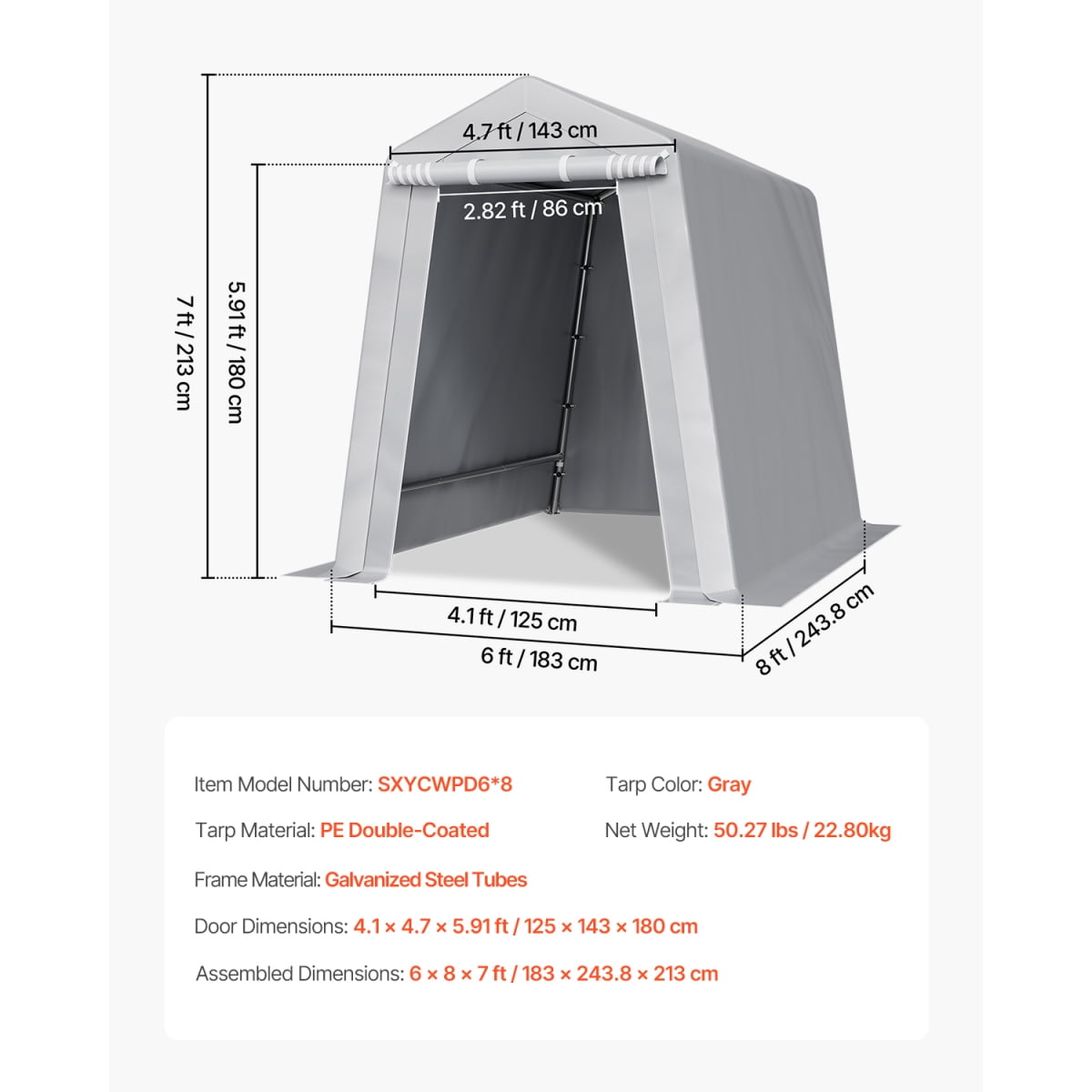 TENGDA  6x8 FT Outdoor Portable Storage Shelter Shed Waterproof Galvanized Metal Frame Carport Canopy Tent with Zipper Door for Patio Garden Equipment Storage