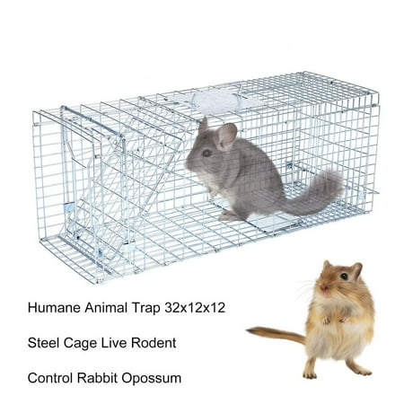 Humane Animal Trap 32x12x12 Steel Cage Live Trap Hamster Cage Rodent Control Skunk Rabbit Opossum Cage Bait pan for easy catch