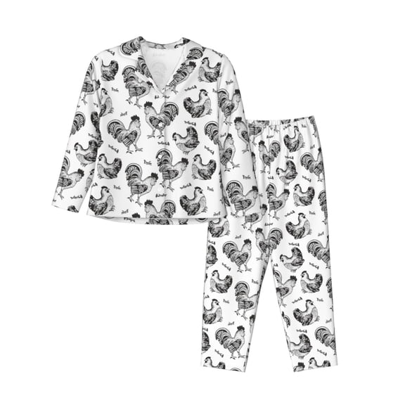 Xecao Retro Rooster Print Women Pajamas Set Soft Sleepwear Pjs long Sleeve Button Down Nightwear with Long Pants
