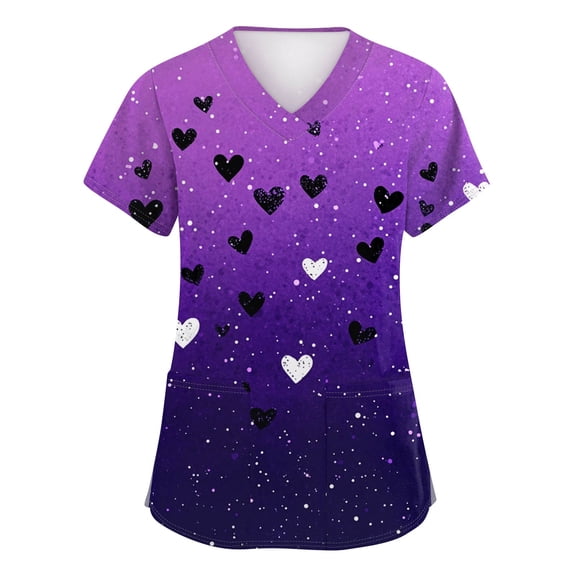 Valentine Scrub Tops Women V Neck Short Sleeve Shirts Cute Love Heart Graphic Tees Casual Blouse with Pockets Dark Purple L
