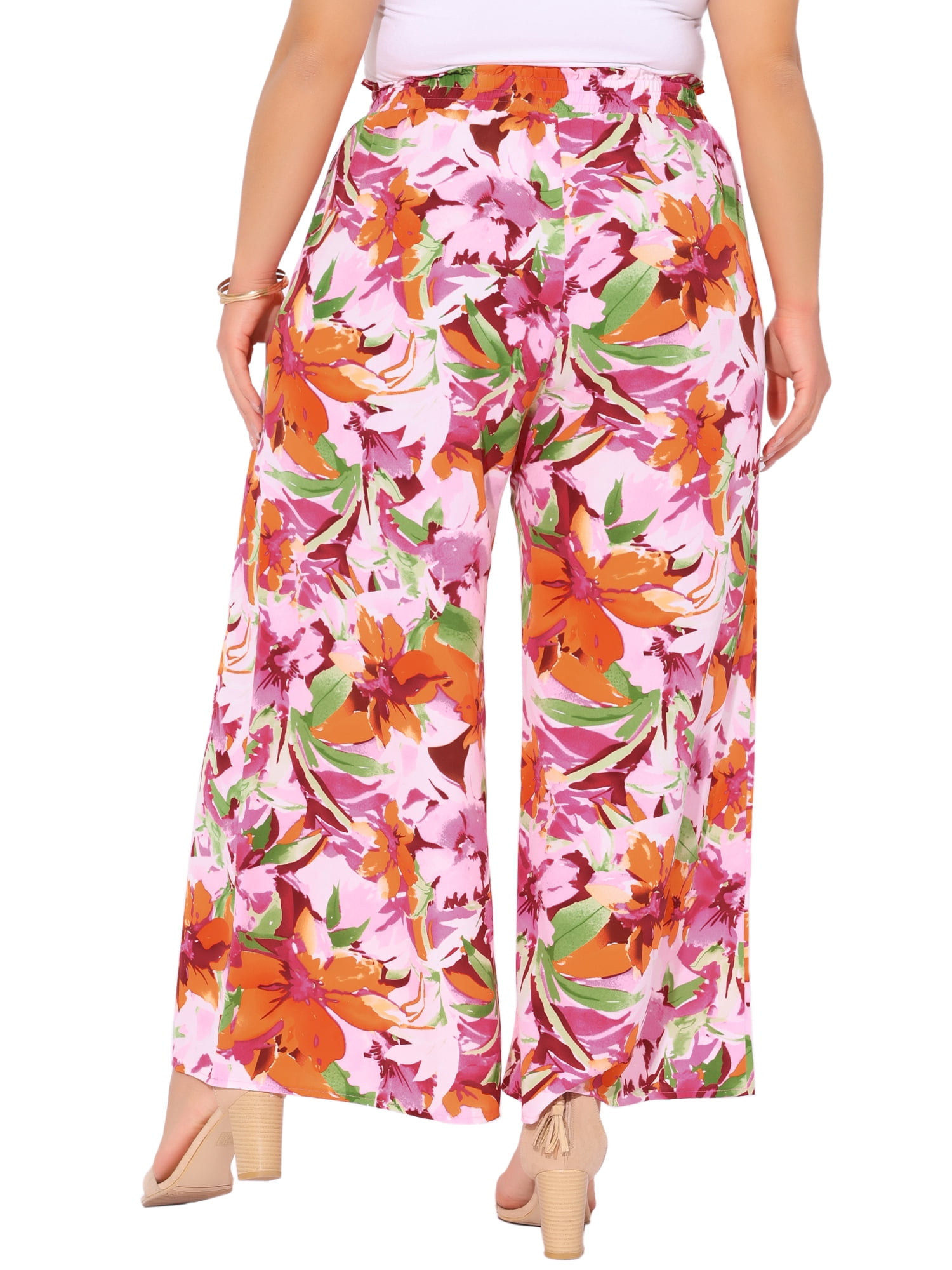 DARING DIVA Women's Plus Boho Floral Palazzo Trousers Pants 3X Pink Orange