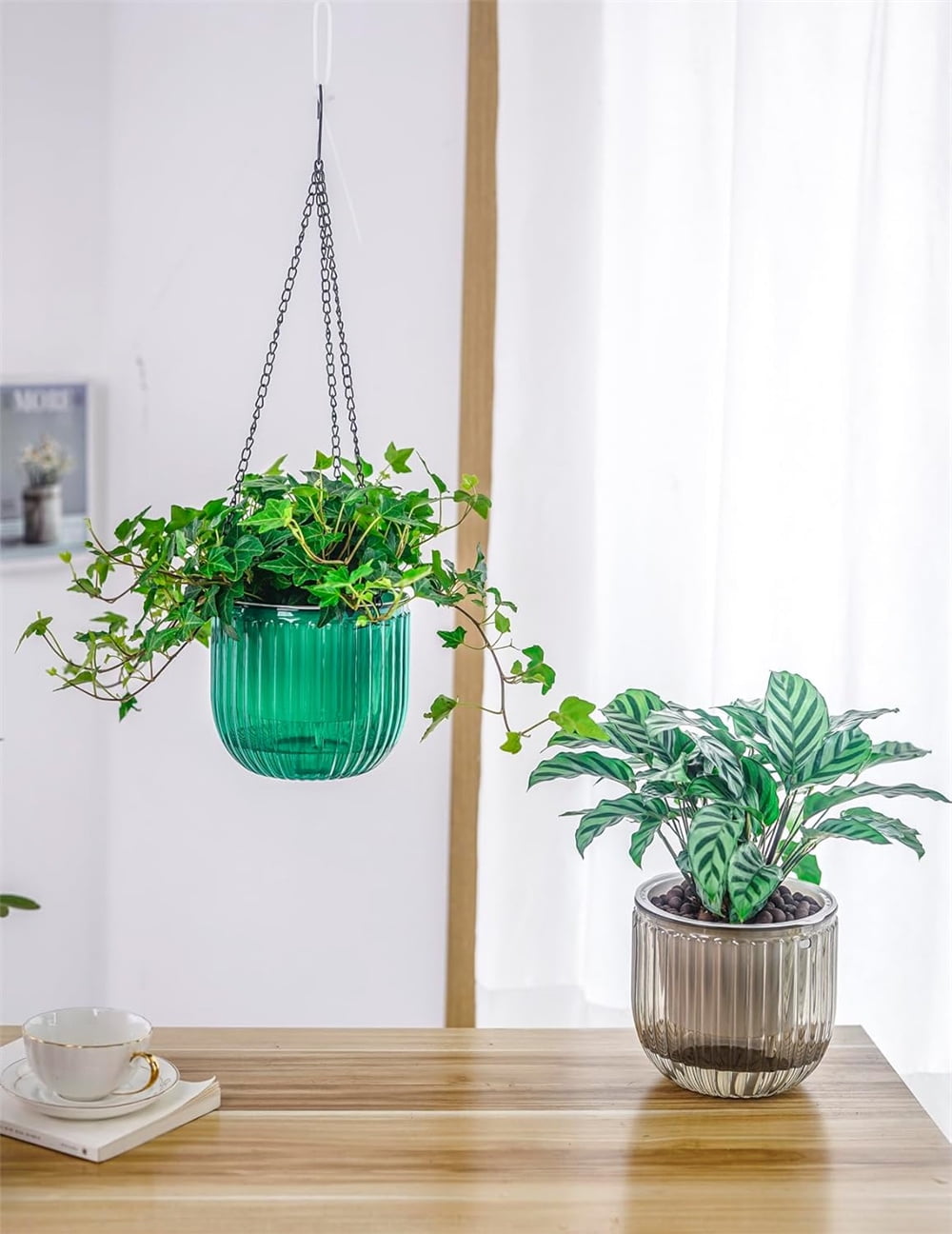 Scheam 3 Pack Hanging Pots with Drainage Holes,Self Watering Hanging Planters,Plastic Hanging Pot,Prefect for Spring Indoor Outdoor Garden Home Decorations (Emerald,Gray,Clear)