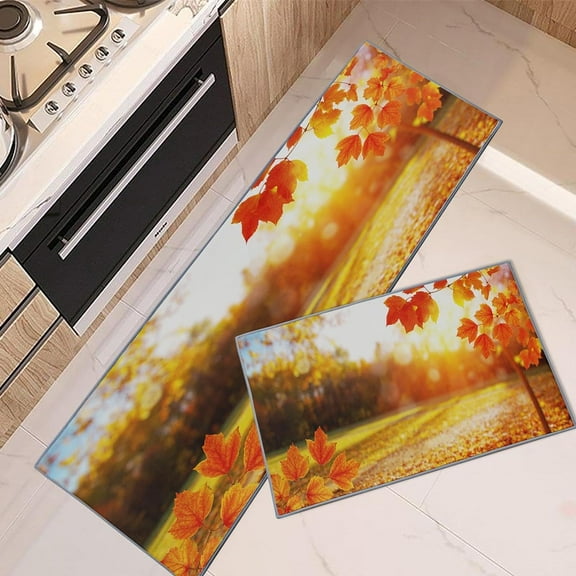 Fall Kitchen Rugs and Mats Non Skid Washable Set of 2, Autumn Maple Leaves Kitchen Runner Rug, Fall Leaves Trees Kitchen Floor Mat Under Sink Mat Throw Rug for Kitchen Doormat Waterproof
