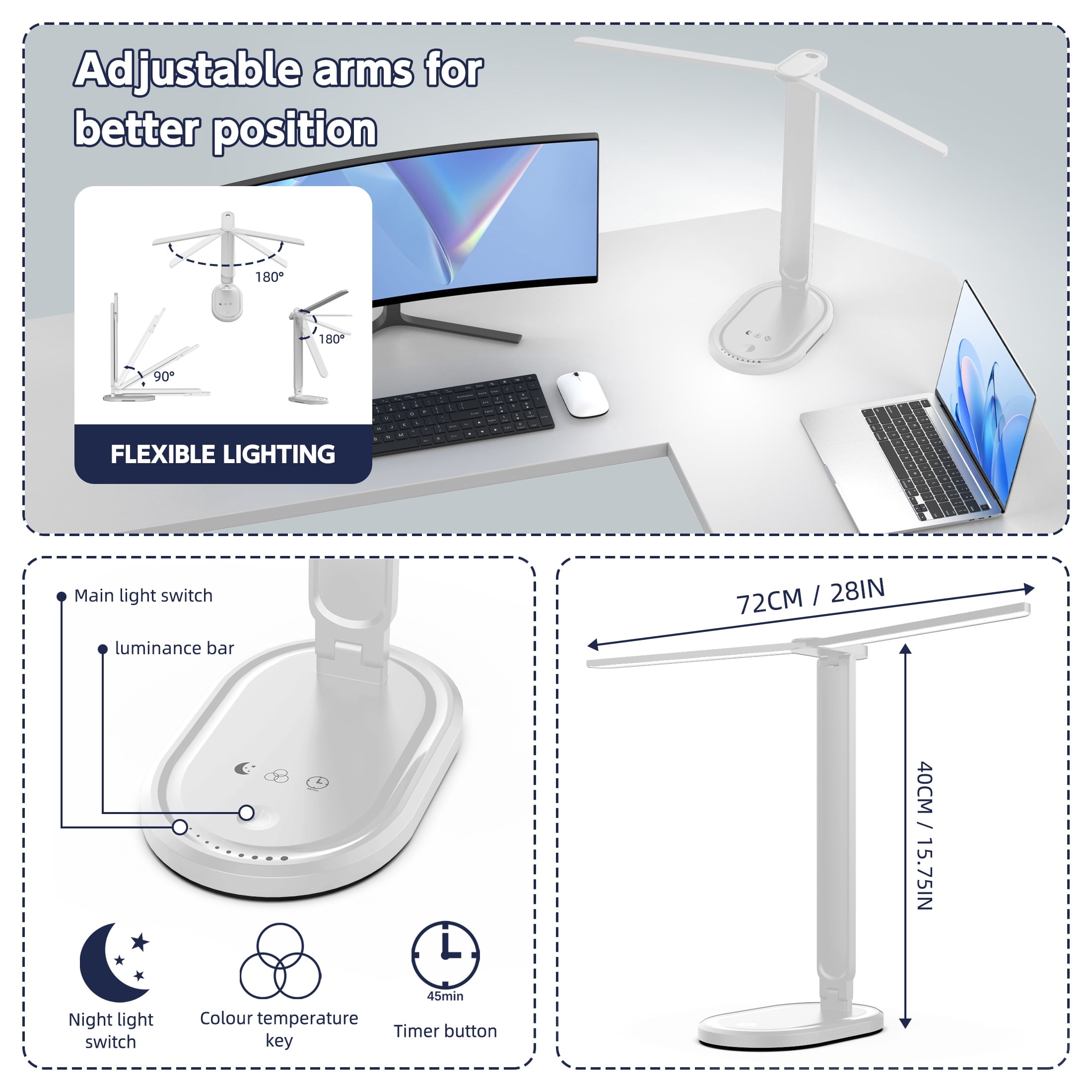 Govvep Foldable Dual Head LED Desk Lamp, 5-Level 1000LM Brightness, Adjustable Arms for Reading/Study
