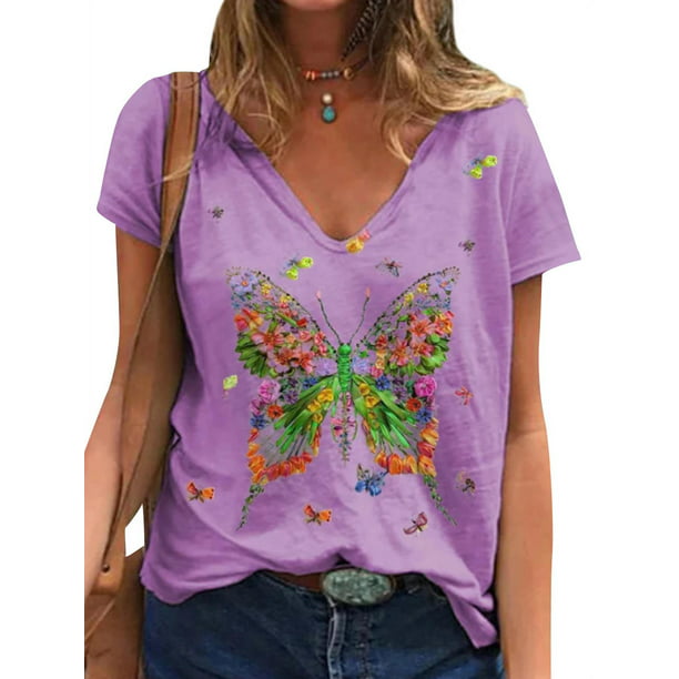TWZH Women Butterflies Graphic Print V Neck Short Sleeve T-Shirt ...