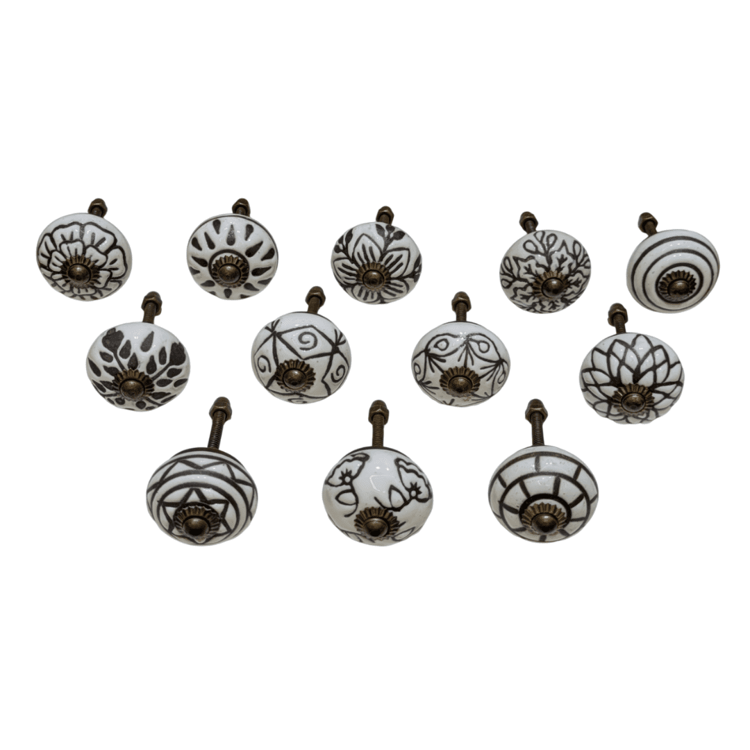 Vriksha Kraft Ceramic Cabinet Knobs – 12 Pack, Black & White Hand-Painted Drawer Knobs, Cabinet Knobs for Dressers, Cabinets & Furniture