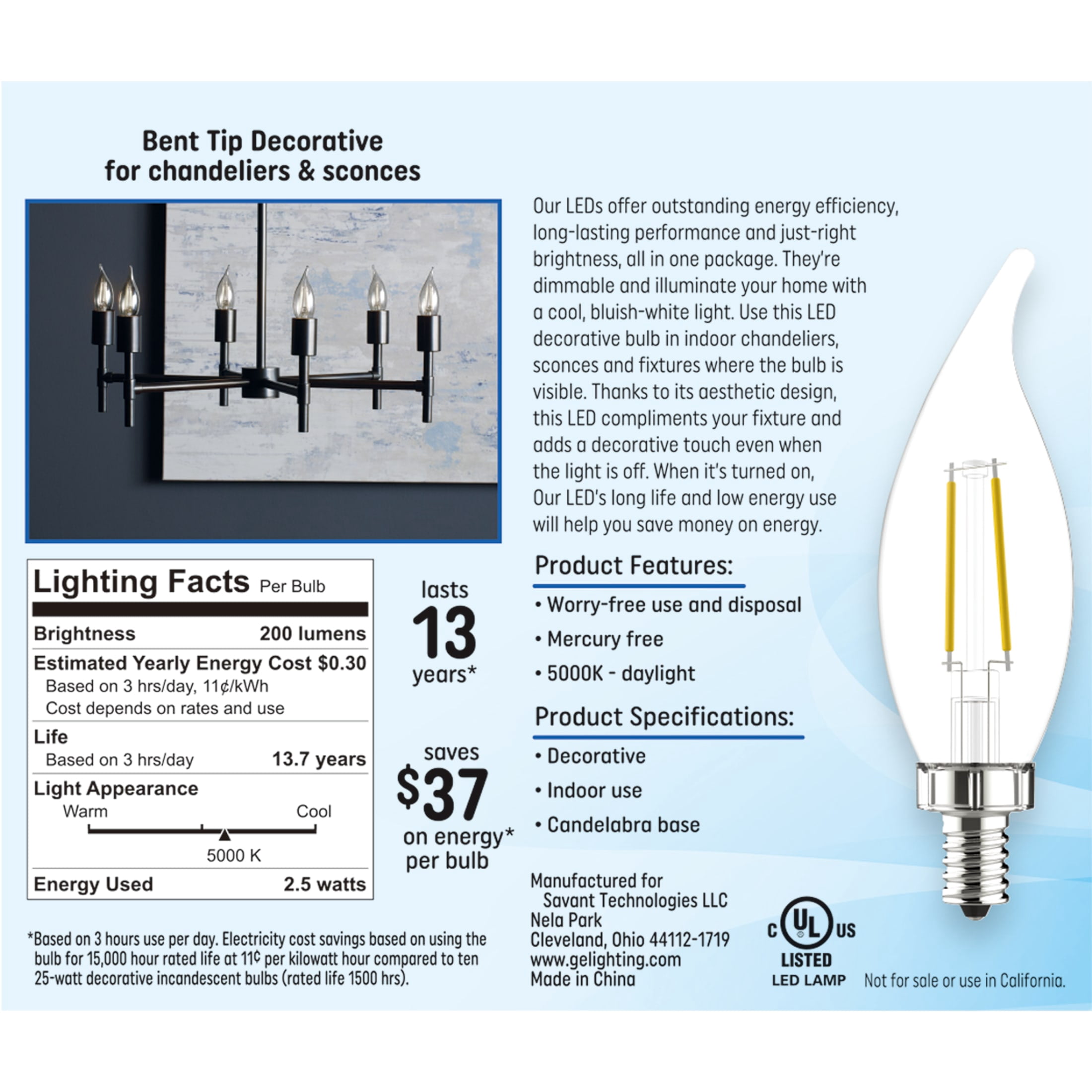 GE LED Light Bulbs, 25 Watt Replacement, Daylight, CA11 Decorative Candle Bulbs, 4pk