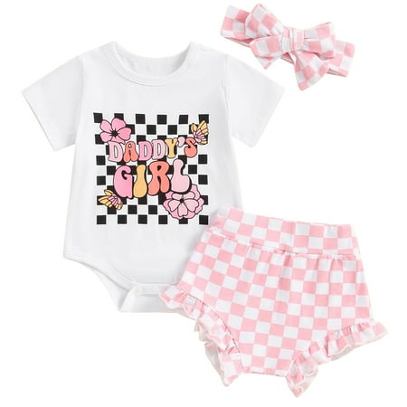 

Newborn Baby Girl 3pcs Outfits Set Daddy Romper Checkerboard Shorts Headband Toddler Summer Clothes