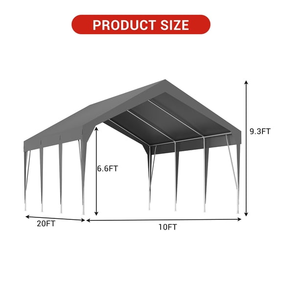 Historyli 10X20 FT Carport Canopy, Portable Garage Shelter, Waterproof UV-Resistant Outdoor Storage Cover, Gray