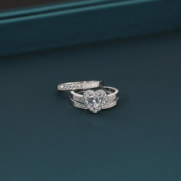 TAAPSEE JEWELS Heart Cut Cubic Zirconia Trio Set Wedding Women Ring 14K White Gold Plated Silver
