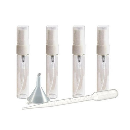  4ml Travel Perfume Atomizers, Glass Bottle with White Sprayer, .14 Oz By Grand Parfums plus Funnel and Pipette(Set of
